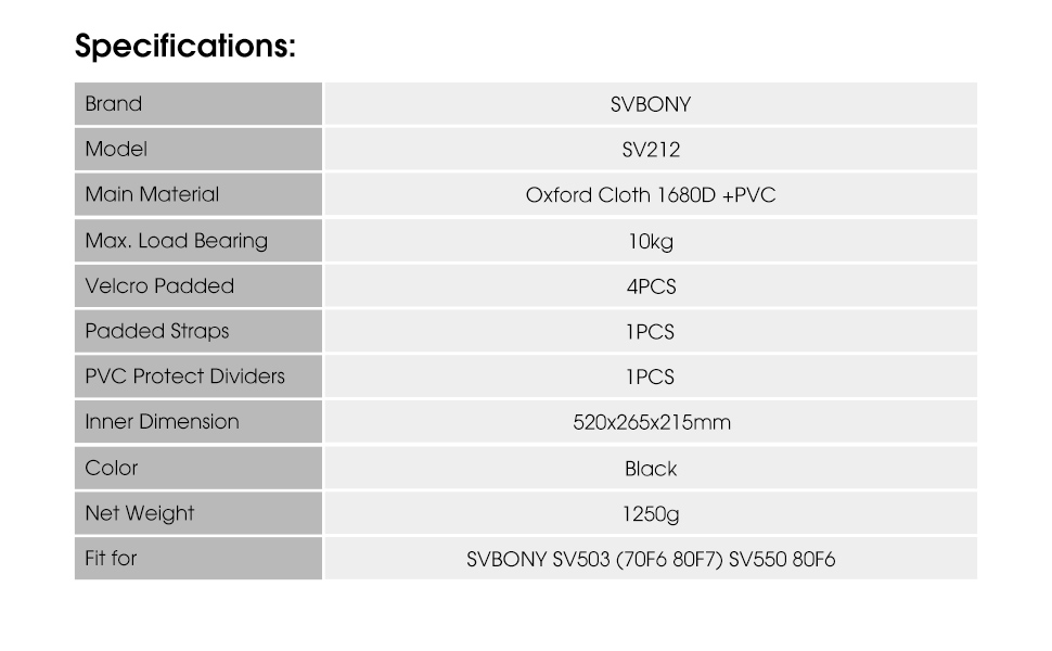 SV212 Telescope Bag Specifications