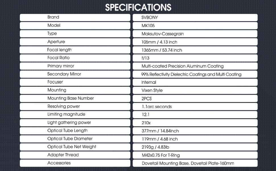 Telescope MK105 specification