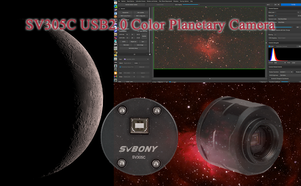 The SVBONY prototype SV305C OSC CMOS camera with AstroDMx Capture.