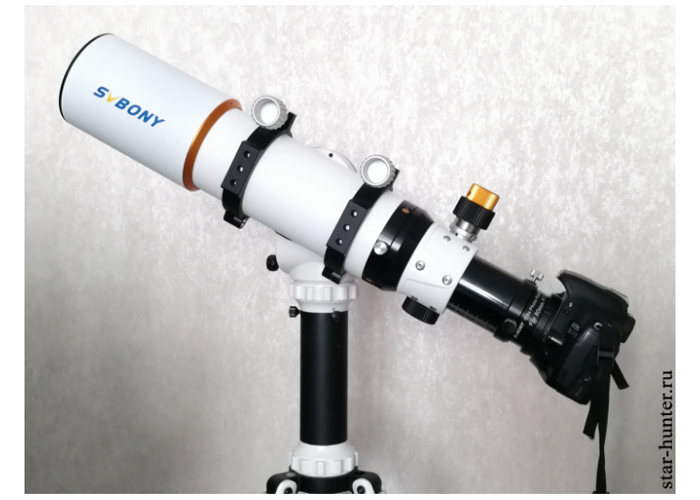 Telescope with mounted reducer, T-ring and SLR camera on Sky-Watcher AZ-GTi mount.