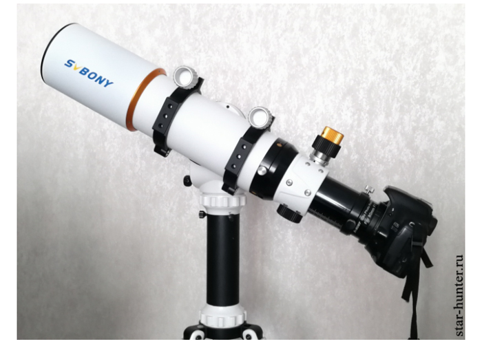 Telescope with mounted reducer, T-ring and SLR camera on Sky-Watcher AZ-GTi mount. Telescope with mounted reducer, T-ring and SLR camera on Sky-Watcher AZ-GTi mount.