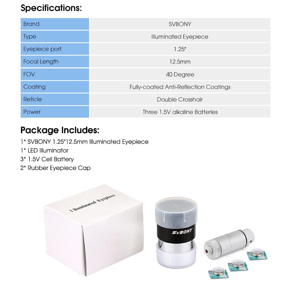 Specifications and Package of Illuminated Reticle Eyepiece