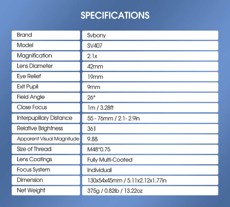Specifications of SV407 Binoculars